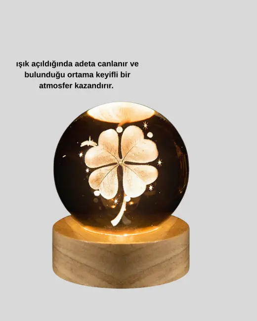 Bitki Temalı LED Işıklı Cam Küre Ahşap Standlı Modern Gece Lambası