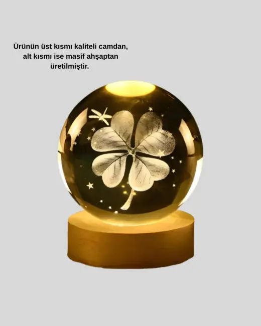 Bitki Temalı LED Işıklı Cam Küre Ahşap Standlı Modern Gece Lambası