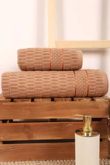 2 Parça Banyo Havlu Takımı %100 Pamuklu Çubuk Desen Kahverengi