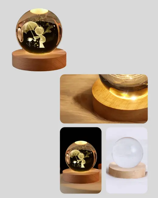 8 cm Küçük Prens 3D Kristal Küre USB Işıklı Ahşap Altlıklı Dekoratif Lamba
