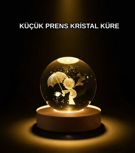 8 cm Küçük Prens 3D Kristal Küre USB Işıklı Ahşap Altlıklı Dekoratif Lamba