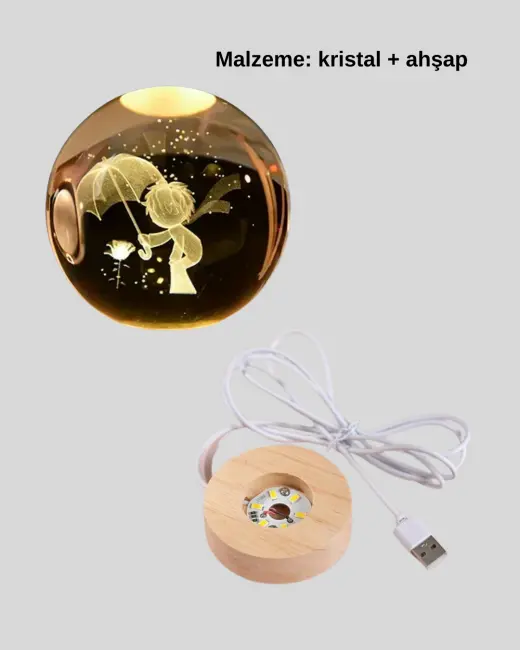LED Aydınlatmalı 3D Küçük Prens Kristal Küre Ahşap Standlı Masa Gece Lambası