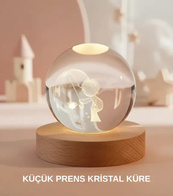 Küçük Prens Figürlü 3D Kristal Top Sıcak Işıklı USB Ahşap Tabanlı Dekor Lamba