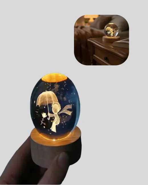 Küçük Prens Figürlü 3D Kristal Top Sıcak Işıklı USB Ahşap Tabanlı Dekor Lamba