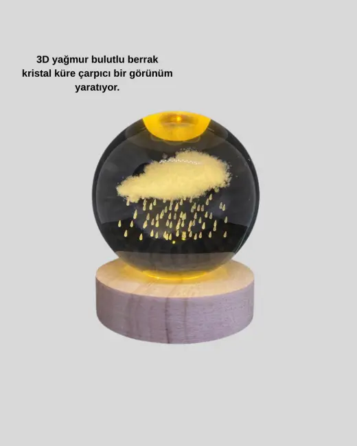 8 cm 3D Yağmur Bulutu Kristal Küre LED Gece Lambası Ahşap Standlı Tasarım Lamba