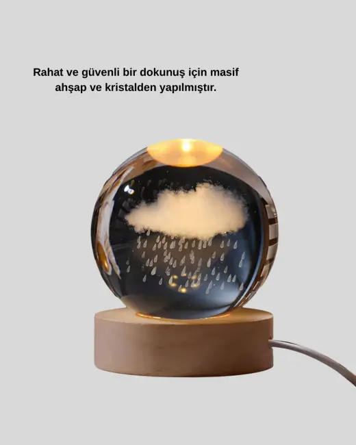 8 cm 3D Yağmur Bulutu Kristal Küre LED Gece Lambası Ahşap Standlı Tasarım Lamba