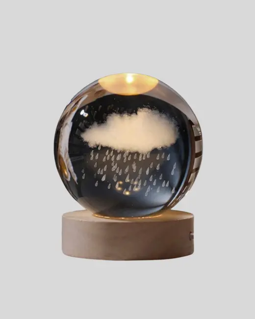 8 cm 3D Yağmur Bulutu Kristal Küre LED Gece Lambası Ahşap Standlı Tasarım Lamba