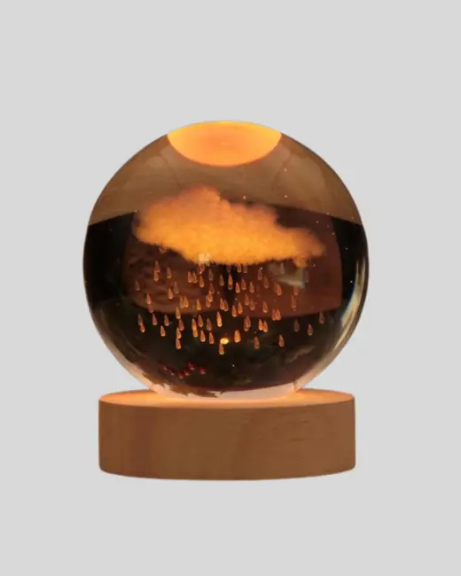 LED Sıcak Işıklı 3D Bulut Figürlü Kristal Küre Ahşap Standlı Gece Lambası