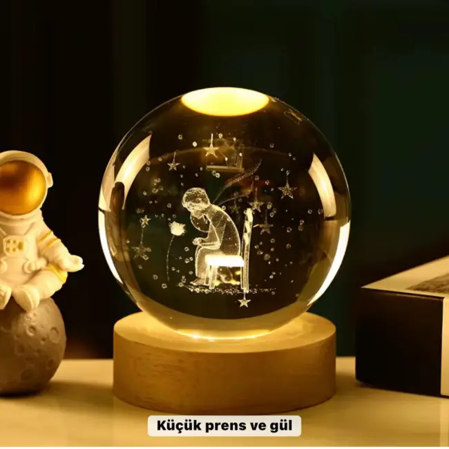 Küçük Prens Temalı Büyük Boy Işıklı Cam Küre Ahşap Stand