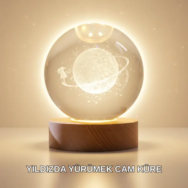 Ahşap Standlı Sarı Işıklı Dekoratif Küre Kız Figürü Tasarım