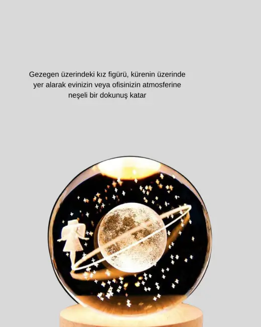 Işıklı Sarı Cam Küre ve Kız Figürü Ahşap Standlı Dekoratif Lamba