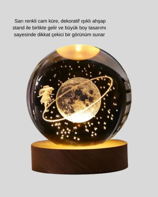 Sarı Işıklı Dekoratif Cam Küre Kız Figürlü Ahşap Standlı