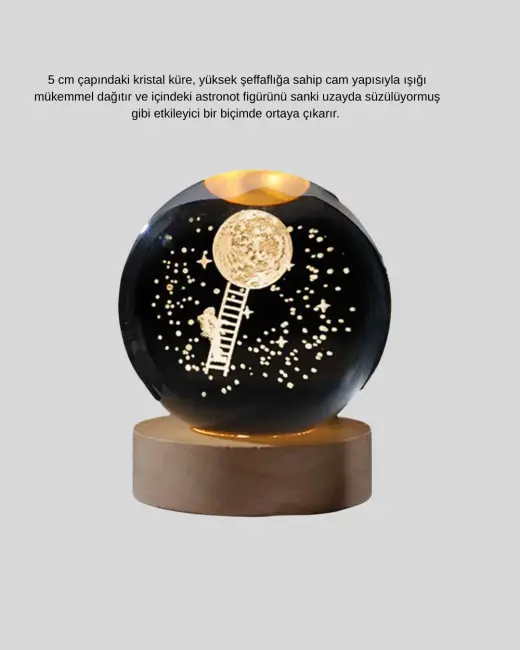 USB’li 3D Astronot Kristal Küre – Modern Uzay Temalı Gece Lambası