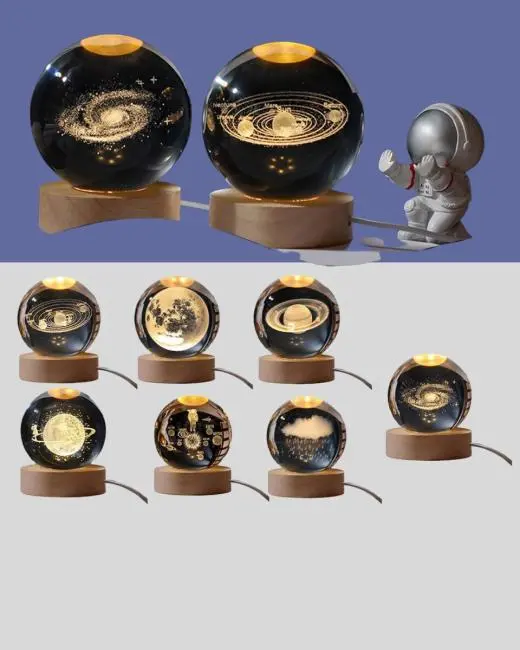 Lazer İşlemeli 3D Astronot Kristal Küre LED Işıklı Uzay Temalı Gece Lambası
