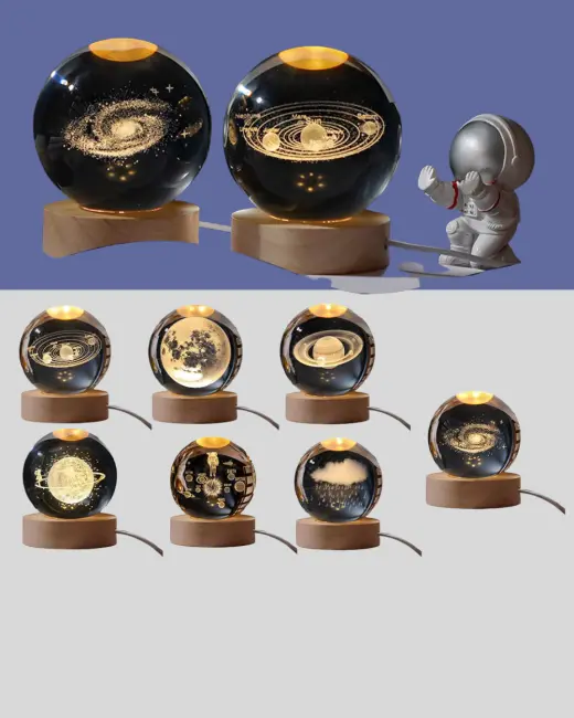 3D Astronot Kristal Küre Gece Lambası USB Ahşap Standlı Dekoratif Işık