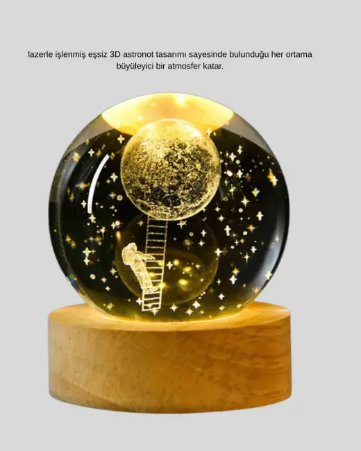 3D Astronot Kristal Küre Gece Lambası USB Ahşap Standlı Dekoratif Işık