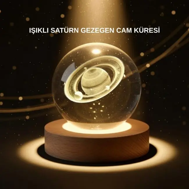 Dekoratif 3D Satürn Motifli Kristal Küre Işıklı Gece Lambası
