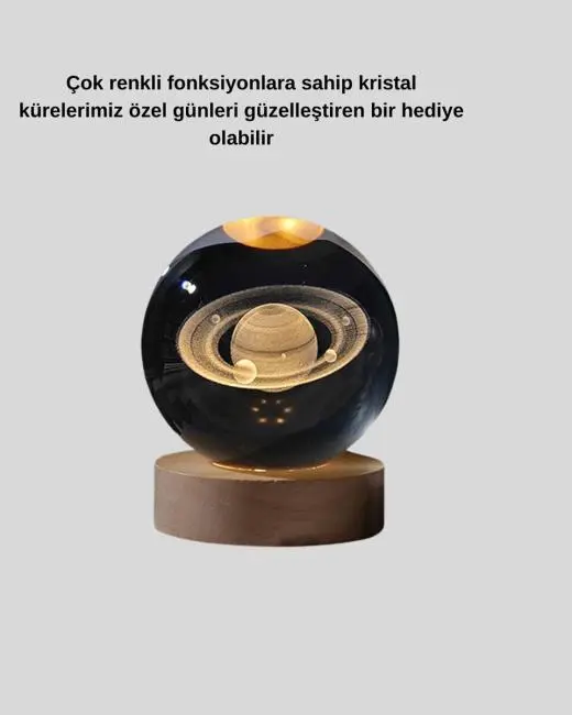 Satürn Gezegenli Kristal Küre LED Lamba USB’li Ahşap Standlı