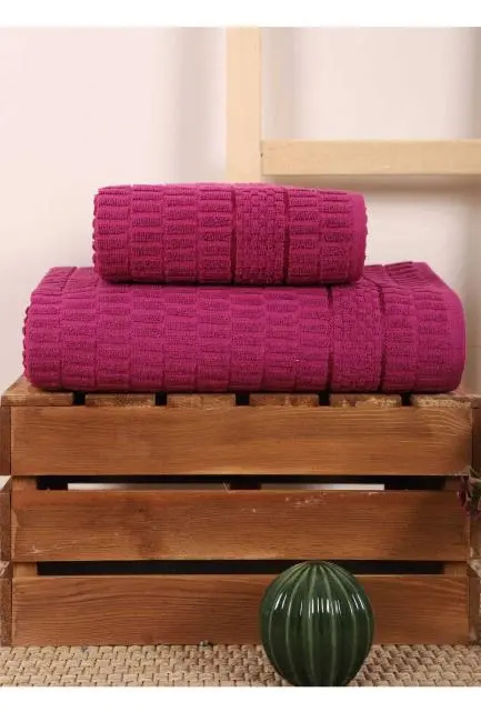 2 Parça Banyo Havlu Takımı %100 Pamuklu Çubuk Desen Vişne