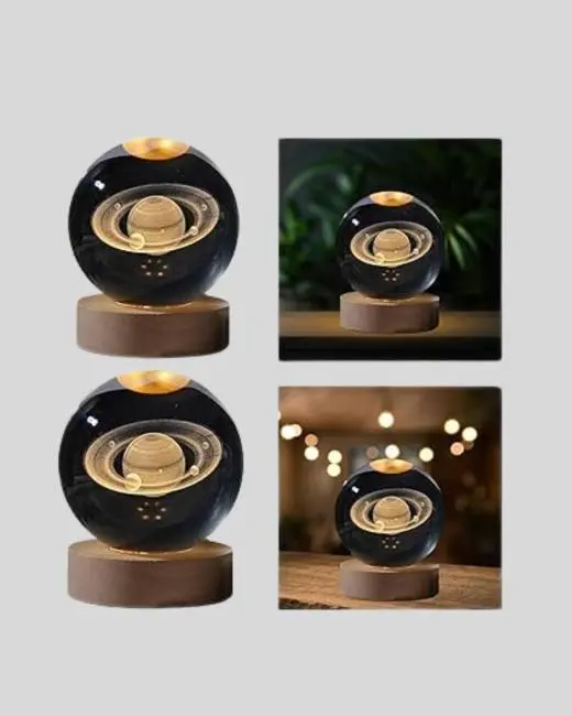 3D Satürn Gravürlü Kristal Küre Dekoratif LED Işıklı Gece Lambası