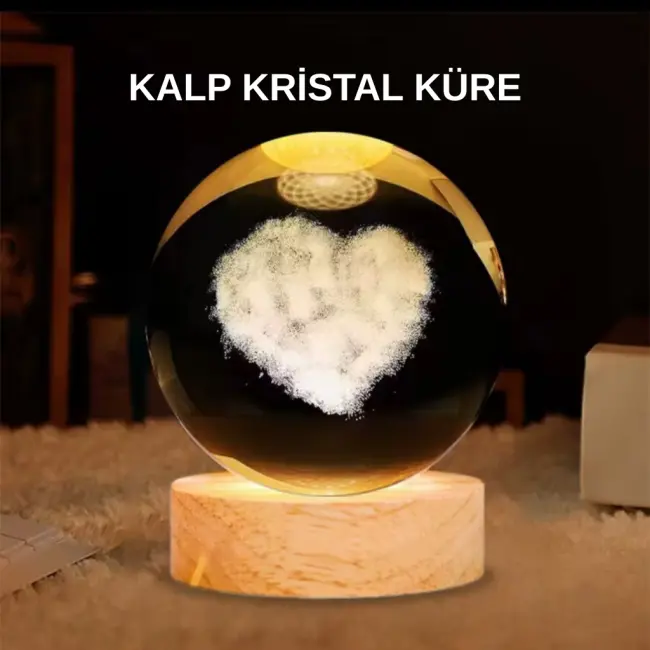 LED Işıklı Kalp Desenli Cam Küre Büyük Boy Ahşap Tabanlı