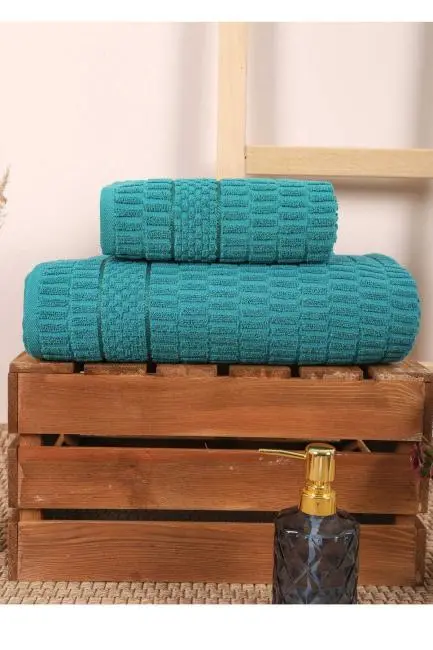 2 Parça Banyo Havlu Takımı %100 Pamuklu Çubuk Desen Yeşil