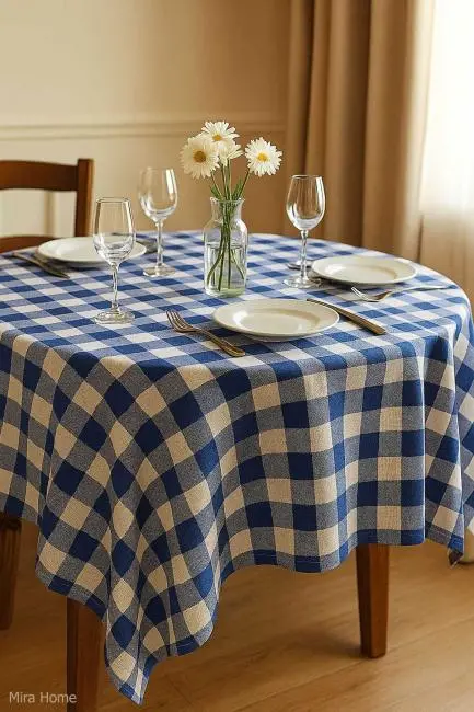 Fiber Kareli Masa Örtüsü Sofra Bezi Ekose Desen 160x160 Cm Mavi