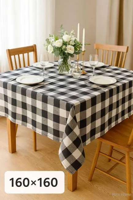 Fiber Kareli Masa Örtüsü Sofra Bezi Ekose Desen 160x160 Cm Siyah