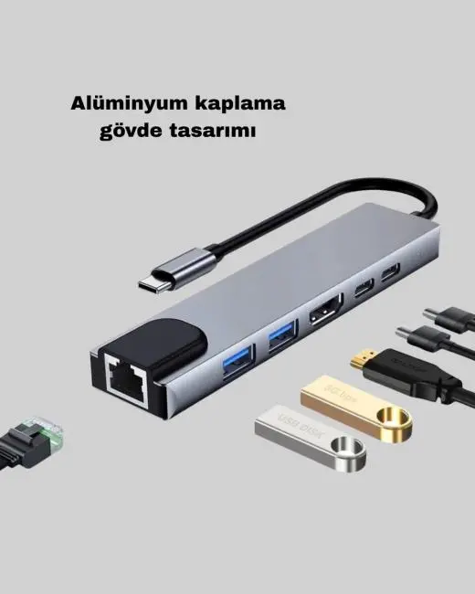 Type-C Çoklu Dönüştürücü – Alüminyum Gövde Hızlı Veri Aktarımı ve Şarj Desteği