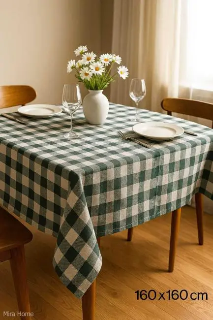 Fiber Kareli Masa Örtüsü Sofra Bezi Ekose Desen 160x160 Cm Yeşil