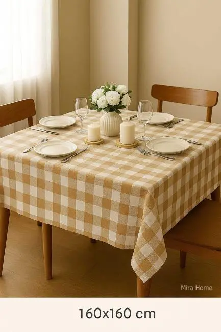 Fiber Kareli Masa Örtüsü Sofra Bezi Ekose Desen 160x160 Cm Bej