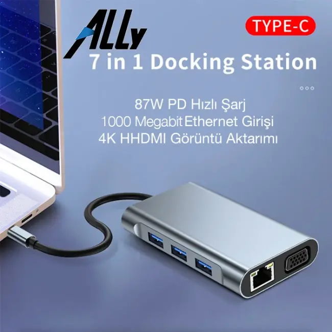ALLY 7in1 USB 3.0 + HDMI + RJ45 + Type-C HUB Adaptör Çevirici Dock Station-(5775)