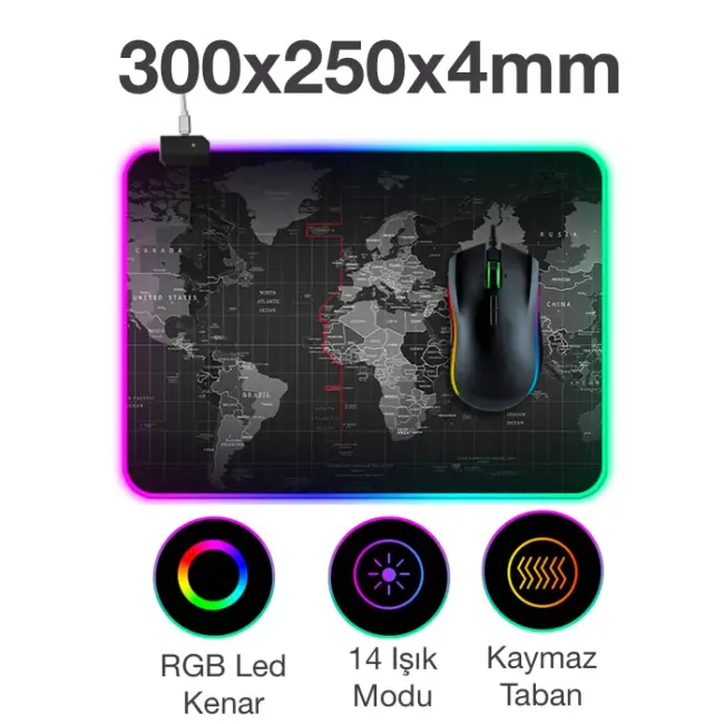 ALLY Dünya Desenli RGB Led Işıklı Oyuncu Mouse Pad 300*250*4MM-(5775)