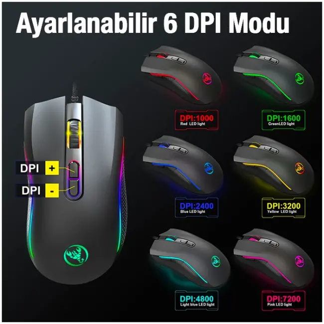 HXSJ A869 7200DPI Ayarlanabilir RGB Işık Gaming Oyuncu Mouse-(5775)