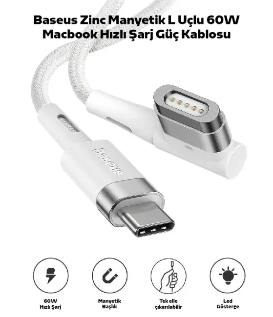 Baseus Zinc Manyetik L Uçlu 60W Macbook Hızlı Şarj Güç Kablosu 2m-(5775)