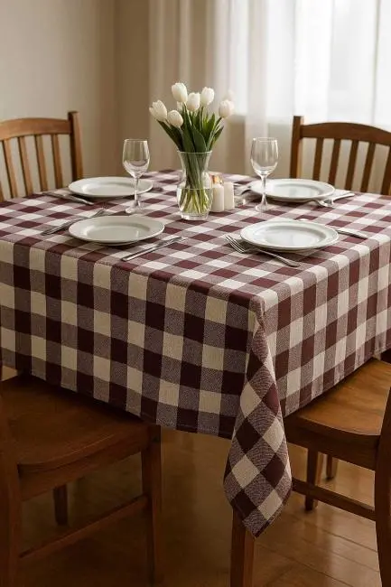 Fiber Kareli Masa Örtüsü Sofra Bezi Ekose Desen 160x160 Cm Bordo