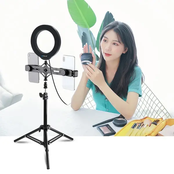 PULUZ 70CM Çift Telefon tutucu 6.2CM Led Işık Stand YoutuberCanlı Yayın Selfie TikTok Makeup-(5775)