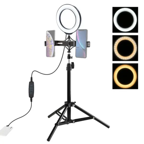 PULUZ 70CM Çift Telefon tutucu 6.2CM Led Işık Stand YoutuberCanlı Yayın Selfie TikTok Makeup-(5775)