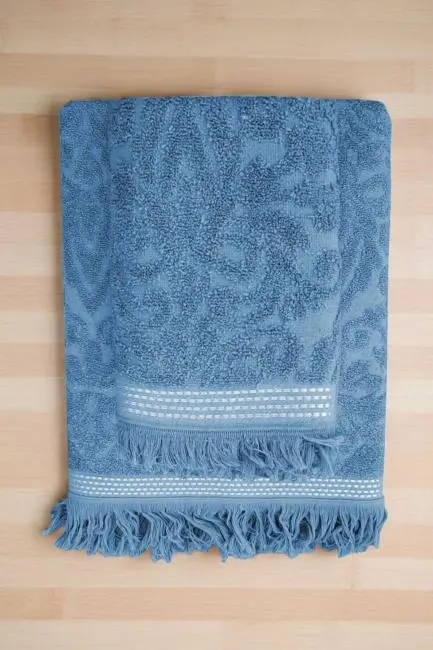 2 Parça Jakarlı Banyo Havlu Takımı %100 Pamuklu 90x150 Cm Arden Mavi