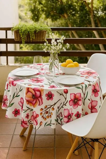 Yuvarlak Çiçek Desenli Duck Kumaş Masa Örtüsü 150x150 Cm