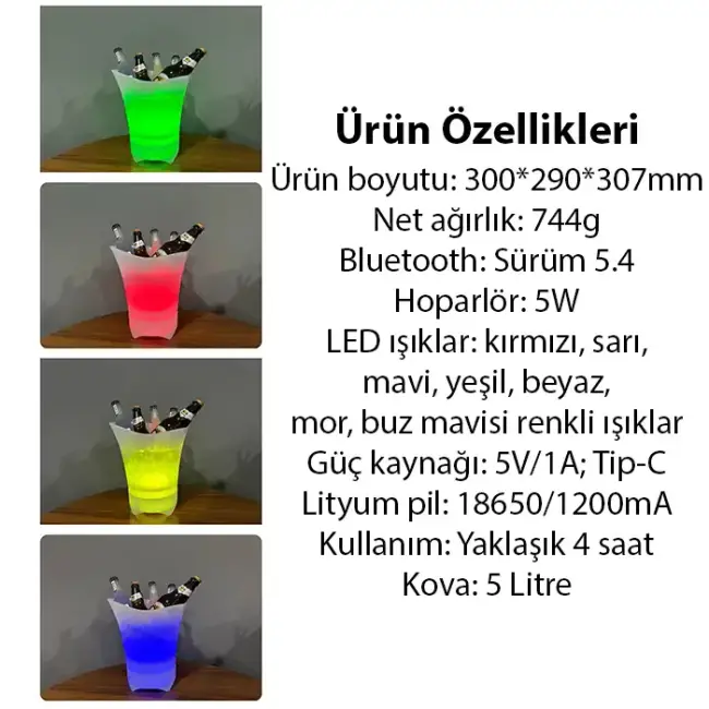 EZERE Hoparlör Buz kovası 5l Bluetooth Hoparlör Ile Renkli Buz kovası Led-(5775)