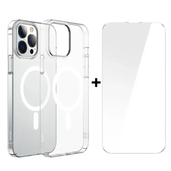 Baseus Crystal iPhone 13 Pro Max 6.7 Magsafe Silikon Kılıf + Tempered Ekran Koruyucu Set-(5775)