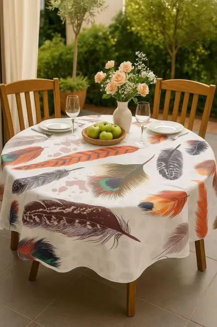 Yuvarlak Tüy Desenli Duck Kumaş Masa Örtüsü 150x150 Cm