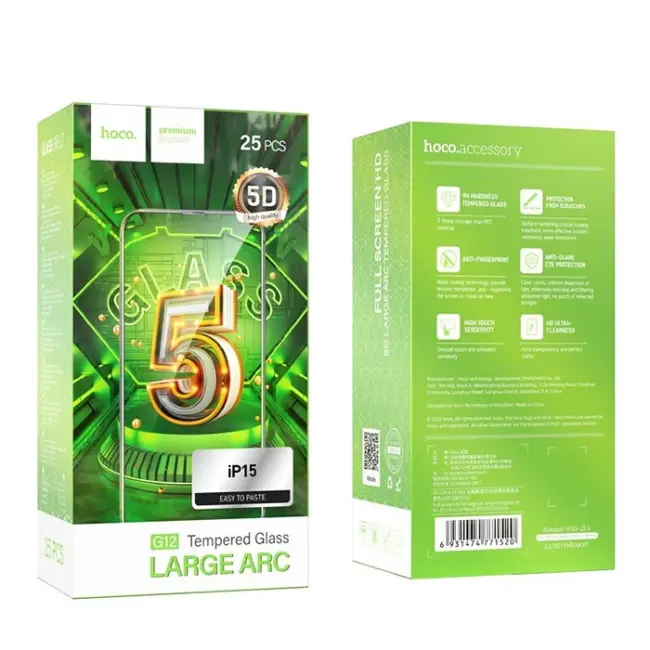 HOCO iPhone 15 Full 5D HD Tempered Kırılmaz Cam Ekran Koruyucu 25 Adet Set-(5775)