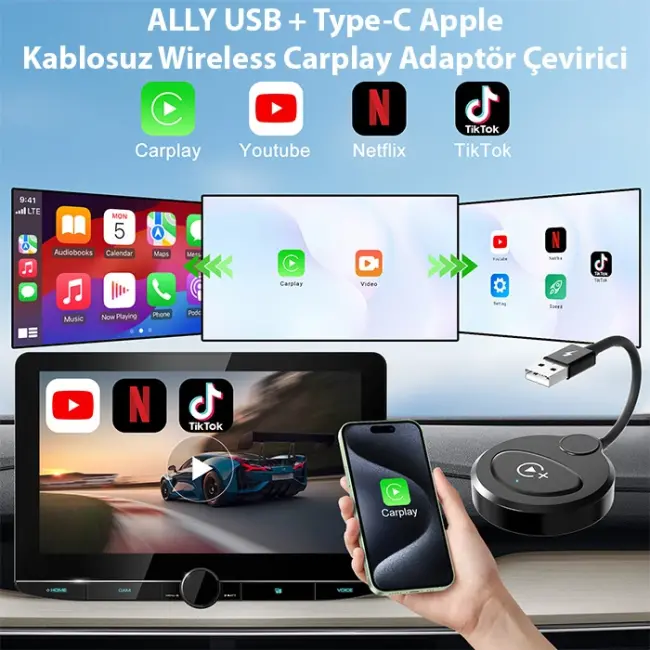 USB+Type-C Apple Kablosuz Wireless Carplay Adaptör Çevirici -Youtube Netflix Tiktok Video Yansıtıcı-(5775)