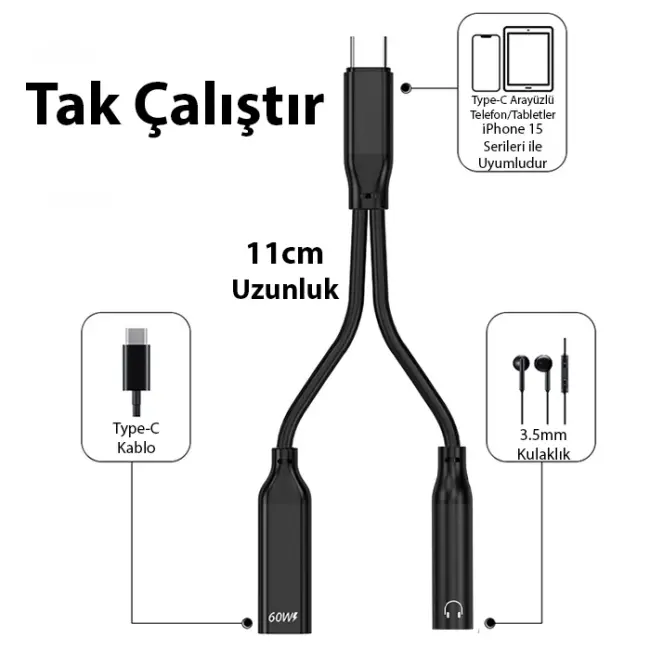 Ally İphone 15 İçin Type-c Şarj + 3.5mm kulaklık 2İn1 Çevirici Adaptör-(5775)