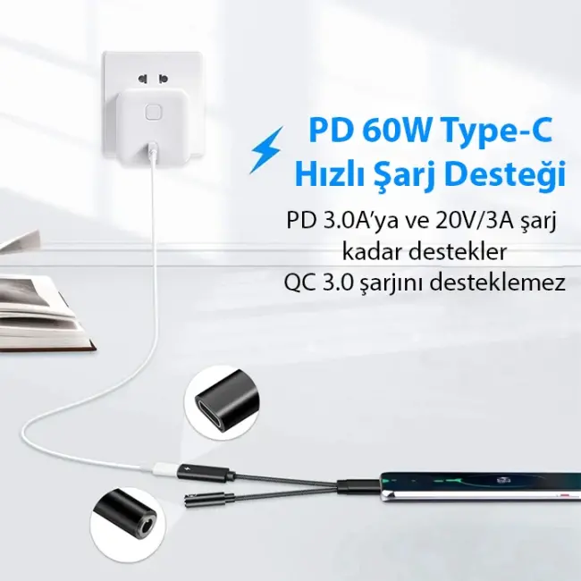 Ally İphone 15 İçin Type-c Şarj + 3.5mm kulaklık 2İn1 Çevirici Adaptör-(5775)