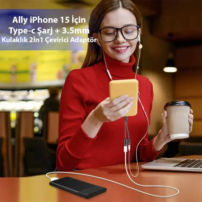 Ally İphone 15 İçin Type-c Şarj + 3.5mm kulaklık 2İn1 Çevirici Adaptör-(5775)