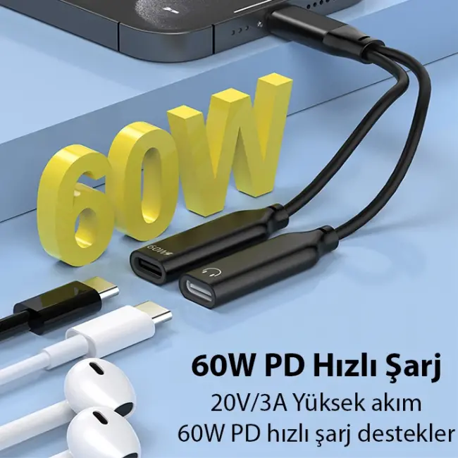 Ally İphone 15 İçin Type-c Şarj + kulaklık 2İn1 Çevirici Adaptör 60W-(5775)