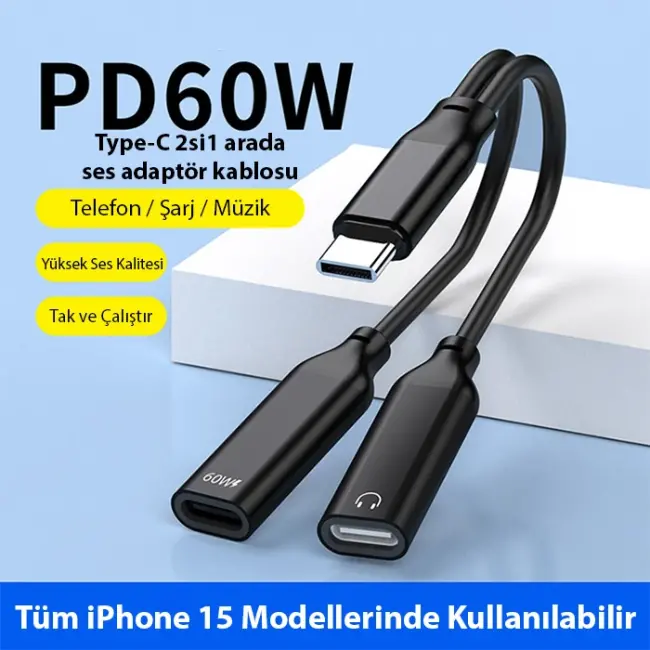 Ally İphone 15 İçin Type-c Şarj + kulaklık 2İn1 Çevirici Adaptör 60W-(5775)